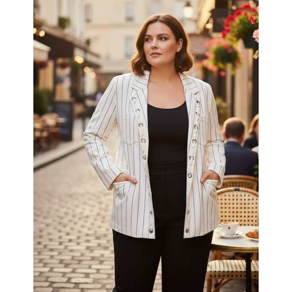 Chicos Womens Pinstripe Career Blazer Jacket Size L White Grommets Quiet Luxury